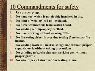 10 Commandments for safety
1. Use proper plugs.
2. No hand tool which is not double insulated in use.
3. No joint of welding lead un-insulated.
4. No direct connections from switch board.
5. No welding set improperly earthed.
6. No man working without wearing PPEs.
7. No fire extinguisher is over due testing & no empty fire
bucket.
8. No welding work in Fur./Finishing Shop without proper
supervision & without taking precautions.
9. No grinding m/c., circular saw working etc.; without
proper guards.
10. No wire ropes, chains over due testing, in use.
 