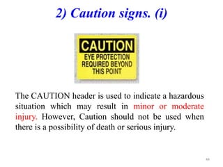2) Caution signs. (i)
The CAUTION header is used to indicate a hazardous
situation which may result in minor or moderate
injury. However, Caution should not be used when
there is a possibility of death or serious injury.
44
 