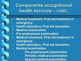 Components occupational
health services – CONT..
• Medical treatment, First aid treatment in
emergency.
• Health education, First aid education.
• Medical examination
• Pre employment examination
• Medical treatment, First aid treatment in
emergency.
• Health education, First aid education.
• Medical examination
Pre employment examination
Periodic medical examination
Special medical examination
 