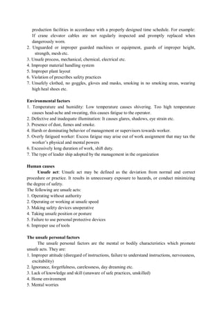 production facilities in accordance with a properly designed time schedule. For example:
If crane elevator cables are not regularly inspected and promptly replaced when
dangerously worn.
2. Unguarded or improper guarded machines or equipment, guards of improper height,
strength, mesh etc.
3. Unsafe process, mechanical, chemical, electrical etc.
4. Improper material handling system
5. Improper plant layout
6. Violation of prescribes safety practices
7. Unsafely clothed, no goggles, gloves and masks, smoking in no smoking areas, wearing
high heal shoes etc.
Environmental factors
1. Temperature and humidity: Low temperature causes shivering. Too high temperature
causes head-ache and sweating, this causes fatigue to the operator.
2. Defective and inadequate illumination: It causes glares, shadows, eye strain etc.
3. Presence of dust, fumes and smoke.
4. Harsh or dominating behavior of management or supervisors towards worker.
5. Overly fatigued worker: Excess fatigue may arise out of work assignment that may tax the
worker’s physical and mental powers
6. Excessively long duration of work, shift duty.
7. The type of leader ship adopted by the management in the organization
Human causes
Unsafe act: Unsafe act may be defined as the deviation from normal and correct
procedure or practice. It results in unnecessary exposure to hazards, or conduct minimizing
the degree of safety.
The following are unsafe acts:
1. Operating without authority
2. Operating or working at unsafe speed
3. Making safety devices unoperative
4. Taking unsafe position or posture
5. Failure to use personal protective devices
6. Improper use of tools
The unsafe personal factors
The unsafe personal factors are the mental or bodily characteristics which promote
unsafe acts. They are:
1. Improper attitude (disregard of instructions, failure to understand instructions, nervousness,
excitability)
2. Ignorance, forgetfulness, carelessness, day dreaming etc.
3. Lack of knowledge and skill (unaware of safe practices, unskilled)
4. Home environment
5. Mental worries
 