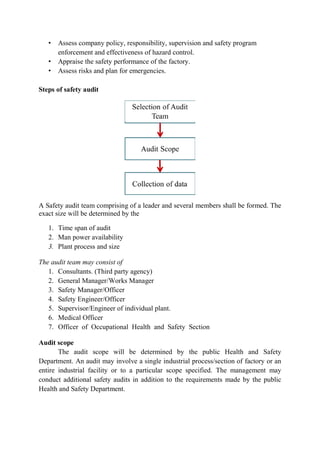 • Assess company policy, responsibility, supervision and safety program
enforcement and effectiveness of hazard control.
• Appraise the safety performance of the factory.
• Assess risks and plan for emergencies.
Steps of safety audit
A Safety audit team comprising of a leader and several members shall be formed. The
exact size will be determined by the
1. Time span of audit
2. Man power availability
3. Plant process and size
The audit team may consist of
1. Consultants. (Third party agency)
2. General Manager/Works Manager
3. Safety Manager/Officer
4. Safety Engineer/Officer
5. Supervisor/Engineer of individual plant.
6. Medical Officer
7. Officer of Occupational Health and Safety Section
Audit scope
The audit scope will be determined by the public Health and Safety
Department. An audit may involve a single industrial process/section of factory or an
entire industrial facility or to a particular scope specified. The management may
conduct additional safety audits in addition to the requirements made by the public
Health and Safety Department.
 