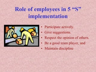 Role of employees in 5 “S”
implementation
• Participate actively.
• Give suggestions.
• Respect the opinion of others.
• Be a good team player, and
• Maintain discipline
 