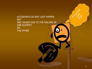 6
ACCIDEANTS DO NOT JUST HAPPEN
BUT
ARE CAUSES DUE TO THE FAILURE OF
ONE ELEMENT
OR
THE OTHER
 