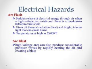 Electrical Hazards
Arc Flash
 Sudden release of electrical energy through air when
a high-voltage gap exists and there is a breakdown
between conductors
 Gives off thermal radiation (heat) and bright, intense
light that can cause burns
 Temperatures as high as 35,000°F
Arc Blast
high-voltage arcs can also produce considerable
pressure waves by rapidly heating the air and
creating a blast
 