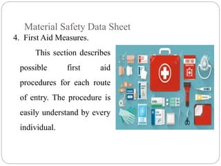 Material Safety Data Sheet
4. First Aid Measures.
This section describes
possible first aid
procedures for each route
of entry. The procedure is
easily understand by every
individual.
 
