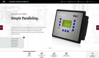 DOWNLOADSBROCHURES PRESENTATIONS SPEC SHEETSCASE STUDIES
GENSET
CONTROLS
SYNCHRONIZATION
&
LOADSHARE
CONTROL
AUTOMATIC
TRANSFER SWITCH
CONTROL
PROTECTION
RELAY CONTROLS
POWER
MANAGEMENT
SOLUTIONS
P O W E R M A N A G E M E N T
The easYgen-2000™ Series is a compact, affordable genset control and protection package
for synchronizing and load sharing of up to 16 gensets in island operation or parallel
operation of a single unit with a utility. Its integrated load-dependent, start/stop
programming allows you to define how gensets are brought on- and off-line to support
changing load demands.
EASYGEN-2000 SERIES
Simple Paralleling.
MODELSMODELS 2000 SERIES
easYgen-2200 P1
easYgen-2200 P2
easYgen-2300 P1
easYgen-2300 P2
easYgen-2500 P1
 