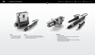 DOWNLOADSBROCHURES PRESENTATIONS SPEC SHEETSCASE STUDIESL A R G E E N G I N E
DIGITAL
CONTROLS
& SOFTWARE
AIR / FUEL /
EXHAUST
DELIVERY
MECHANICAL
GOVERNORS
COMBUSTION /
IGNITION
SYSTEM
INTEGRATION
High-Pressure Common-Rail systems for future diesel engine performance, durability, and
emissions requirements.
High-quality engines increasingly rely on common-rail fuel injection. The main benefit of this injection
type is that fuel can be injected into the combustion chamber at any desired pressure and that the
injection can be timed to the microsecond, independently of the engine’s operating cycle. Due to our
modular design, we are able to offer our common-rail systems for the most varied engine types. We
provide common-rail systems for engine sizes from 100 to 3,920 kW/cylinder. The systems are suitable
for heavy fuel oil and diesel.
HPCR LINE
High-Pressure Common-
Rail Pumps & Injectors.
COMPONENTS
RAILS
• Classic rails for fuel storage under high pressure
• Mini rails as component carriers or distributor lines
• Jumperline distribution system
PUMPS
• 2 or 4 cylinder inline pumps
• Up to 30 l/min fuel output
• Pressures up to 2,500 bar
INJECTORS
• Solenoid operated
• Multiple injection capabilities(pre, main and post injection)
• Time-controlled injection
• Integrated accumulator, optional
• Optimized spray hole configuration for best results regarding
emissions and fuel consumption
 