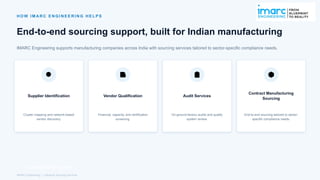 H O W I M A R C E N G I N E E R I N G H E L P S
End-to-end sourcing support, built for Indian manufacturing
IMARC Engineering supports manufacturing companies across India with sourcing services tailored to sector-specific compliance needs.
Supplier Identification
Cluster mapping and network-based
vendor discovery.
Vendor Qualification
Financial, capacity, and certification
screening.
Audit Services
On-ground factory audits and quality
system review.
Contract Manufacturing
Sourcing
End-to-end sourcing tailored to sector-
specific compliance needs.
Connect With An Expert →
IMARC Engineering | Industrial Sourcing Services
 