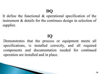 DQ
It define the functional & operational specification of the
instrument & details for the continues design in selection of
supplier.
IQ
Demonstrates that the process or equipment meets all
specifications, is installed correctly, and all required
components and documentation needed for continued
operation are installed and in place.
30
 