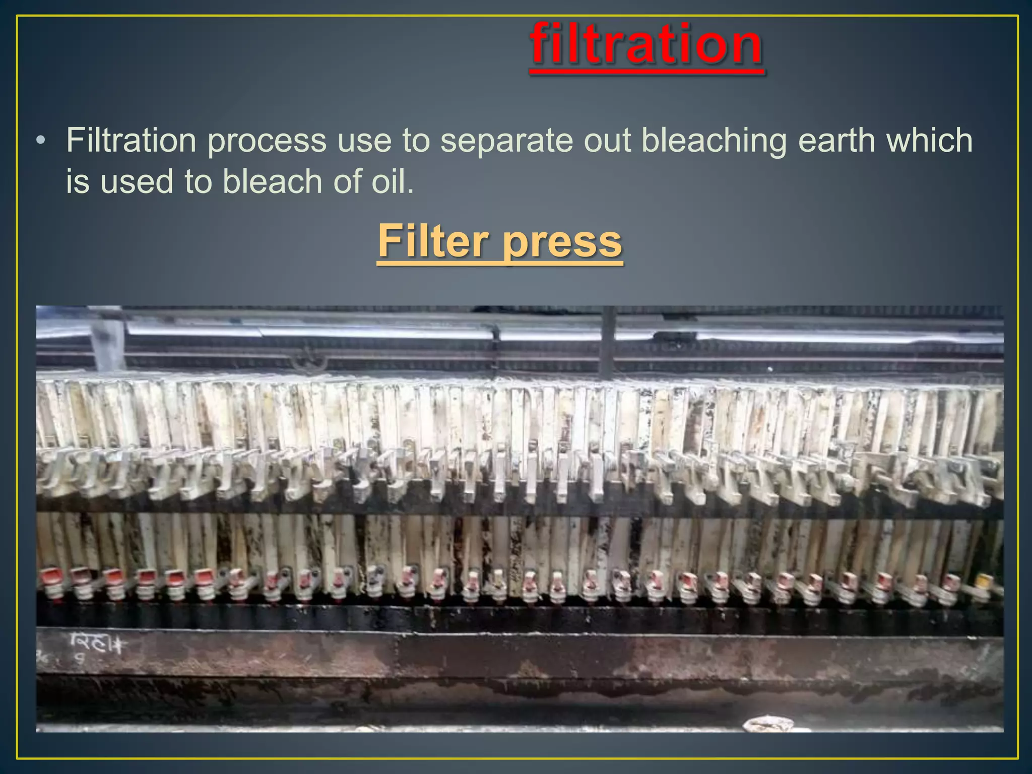 • Filtration process use to separate out bleaching earth which
is used to bleach of oil.
Filter press
 