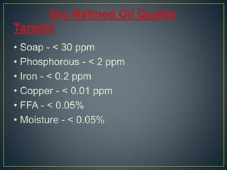 • Soap - < 30 ppm
• Phosphorous - < 2 ppm
• Iron - < 0.2 ppm
• Copper - < 0.01 ppm
• FFA - < 0.05%
• Moisture - < 0.05%
 