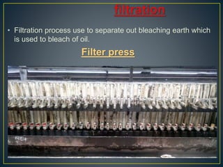 • Filtration process use to separate out bleaching earth which
is used to bleach of oil.
Filter press
 