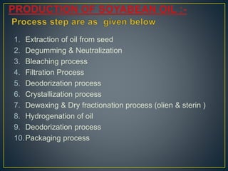 1. Extraction of oil from seed
2. Degumming & Neutralization
3. Bleaching process
4. Filtration Process
5. Deodorization process
6. Crystallization process
7. Dewaxing & Dry fractionation process (olien & sterin )
8. Hydrogenation of oil
9. Deodorization process
10.Packaging process
 