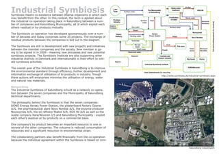 Industrial SymbiosisSymbiosis means co-existence between diverse organisms in which each
may benefit from the other. In this context, the term is applied about
the industrial co-operation taking place in Kalundborg between a num-
ber of companies and Kalundborg Municipality, all of which exploit each
others residual or by-products mutually.
The Symbiosis co-operation has developed spontaneously over a num-
ber of decades and today comprises some 20 projects. The exchange of
residual products between the companies is laid out in the diagram.
The Symbiosis are still in development with new projects and initiatives
between the member companies and the society. New member is go-
ing to be signed in in 2009 - meaning new processes and new potential
symbiosis projects. The Symbiosis Institute are also supporting other
industrial districts in Denmark and internationally in their effort to initi-
ate symbiosis activities.
The overall goal of the Industrial Symbiosis in Kalundborg is to improve
the environmental standard through efficiency, further development and
information exchange of utilisation of bi-products in industry. Trough
these actions will enterprises minimise the utilisation of energy, water
and natural raw materials.
Networking
The Industrial Symbiosis of Kalundborg is built as a network co-opera-
tion between the seven companies and the Municipality of Kalundborg
technical departments.
The philosophy behind the Symbiosis is that the seven companies:
DONG Energy Asnæs Power Station, the plasterboard factory Gyproc
A/S, the pharmaceutical plant Novo Nordisk A/S, the enzyme producer
Novozymes A/S, the oil refinery Statoil A/S, RGS 90 A/S as well as the
waste company Kara/Noveren I/S and Kalundborg Municipality - exploit
each other’s residual or by-products on a commercial basis.
One company’s by-product becomes an important resource to one or
several of the other companies. The outcome is reduced consumption of
resources and a significant reduction in environmental strain.
The collaborating partners also benefit financially from the co-operation
because the individual agreement within the Symbiosis is based on com-
mercial principles.
http://www.symbiosis.dk/industrial-symbiosis.aspx
Kalundborg industripark
 