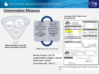 Conservation Measure
Water waste fee on your bill
and/or termination of service
Landscape
Watering
Conservation
Restrictions
Violations of
these
measures
The Water
District
established these
measures to help
the community
reach a
conservation
goal of 199 GPCD
by 2035
Since 2002
SNWA has
reduced its
GPCD demand
29 percent from
314 GPCD to
222 GPCD in
2011.
GPCD:Gallons per capita per day
 
