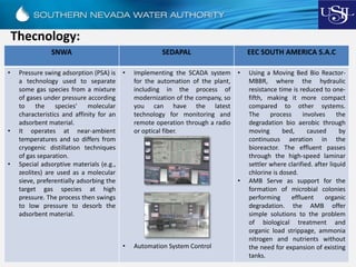 Thecnology:
SNWA SEDAPAL EEC SOUTH AMERICA S.A.C
• Pressure swing adsorption (PSA) is
a technology used to separate
some gas species from a mixture
of gases under pressure according
to the species' molecular
characteristics and affinity for an
adsorbent material.
• It operates at near-ambient
temperatures and so differs from
cryogenic distillation techniques
of gas separation.
• Special adsorptive materials (e.g.,
zeolites) are used as a molecular
sieve, preferentially adsorbing the
target gas species at high
pressure. The process then swings
to low pressure to desorb the
adsorbent material.
• Implementing the SCADA system
for the automation of the plant,
including in the process of
modernization of the company, so
you can have the latest
technology for monitoring and
remote operation through a radio
or optical fiber.
• Automation System Control
• Using a Moving Bed Bio Reactor-
MBBR, where the hydraulic
resistance time is reduced to one-
fifth, making it more compact
compared to other systems.
The process involves the
degradation bio aerobic through
moving bed, caused by
continuous aeration in the
bioreactor. The effluent passes
through the high-speed laminar
settler where clarified. after liquid
chlorine is dosed.
• AMB Serve as support for the
formation of microbial colonies
performing effluent organic
degradation. the AMB offer
simple solutions to the problem
of biological treatment and
organic load strippage, ammonia
nitrogen and nutrients without
the need for expansion of existing
tanks.
 