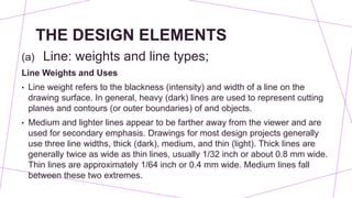 THE DESIGN ELEMENTS
(a) Line: weights and line types;
Line Weights and Uses
• Line weight refers to the blackness (intensity) and width of a line on the
drawing surface. In general, heavy (dark) lines are used to represent cutting
planes and contours (or outer boundaries) of and objects.
• Medium and lighter lines appear to be farther away from the viewer and are
used for secondary emphasis. Drawings for most design projects generally
use three line widths, thick (dark), medium, and thin (light). Thick lines are
generally twice as wide as thin lines, usually 1/32 inch or about 0.8 mm wide.
Thin lines are approximately 1/64 inch or 0.4 mm wide. Medium lines fall
between these two extremes.
 