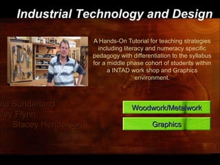 A Hands-On Tutorial for teaching strategies
including literacy and numeracy specific
pedagogy with differentiation to the syllabus
for a middle phase cohort of students within
a INTAD work shop and Graphics
environment.
vid Sunderlandvid Sunderland
vey Flynnvey Flynn
Stacey HendersonStacey Henderson
Industrial Technology and Design
Woodwork/MetalworkWoodwork/Metalwork
GraphicsGraphics
 