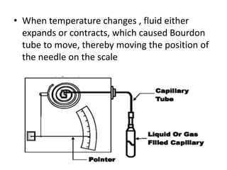 • When temperature changes , fluid either
expands or contracts, which caused Bourdon
tube to move, thereby moving the position of
the needle on the scale
 