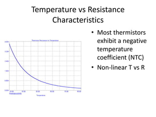 Temperature vs Resistance
Characteristics
• Most thermistors
exhibit a negative
temperature
coefficient (NTC)
• Non-linear T vs R
 