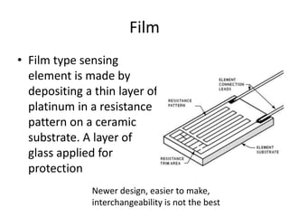 Film
• Film type sensing
element is made by
depositing a thin layer of
platinum in a resistance
pattern on a ceramic
substrate. A layer of
glass applied for
protection
Newer design, easier to make,
interchangeability is not the best
 