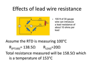 Effects of lead wire resistance
Assume the RTD is measuring 100°C
R(PT100)= 138.5Ω RLEAD=20Ω
Total resistance measured will be 158.5Ω which
is a temperature of 153°C
 