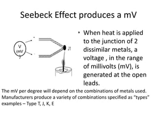Seebeck Effect produces a mV
• When heat is applied
to the junction of 2
dissimilar metals, a
voltage , in the range
of millivolts (mV), is
generated at the open
leads.
The mV per degree will depend on the combinations of metals used.
Manufacturers produce a variety of combinations specified as “types”
examples – Type T, J, K, E
 