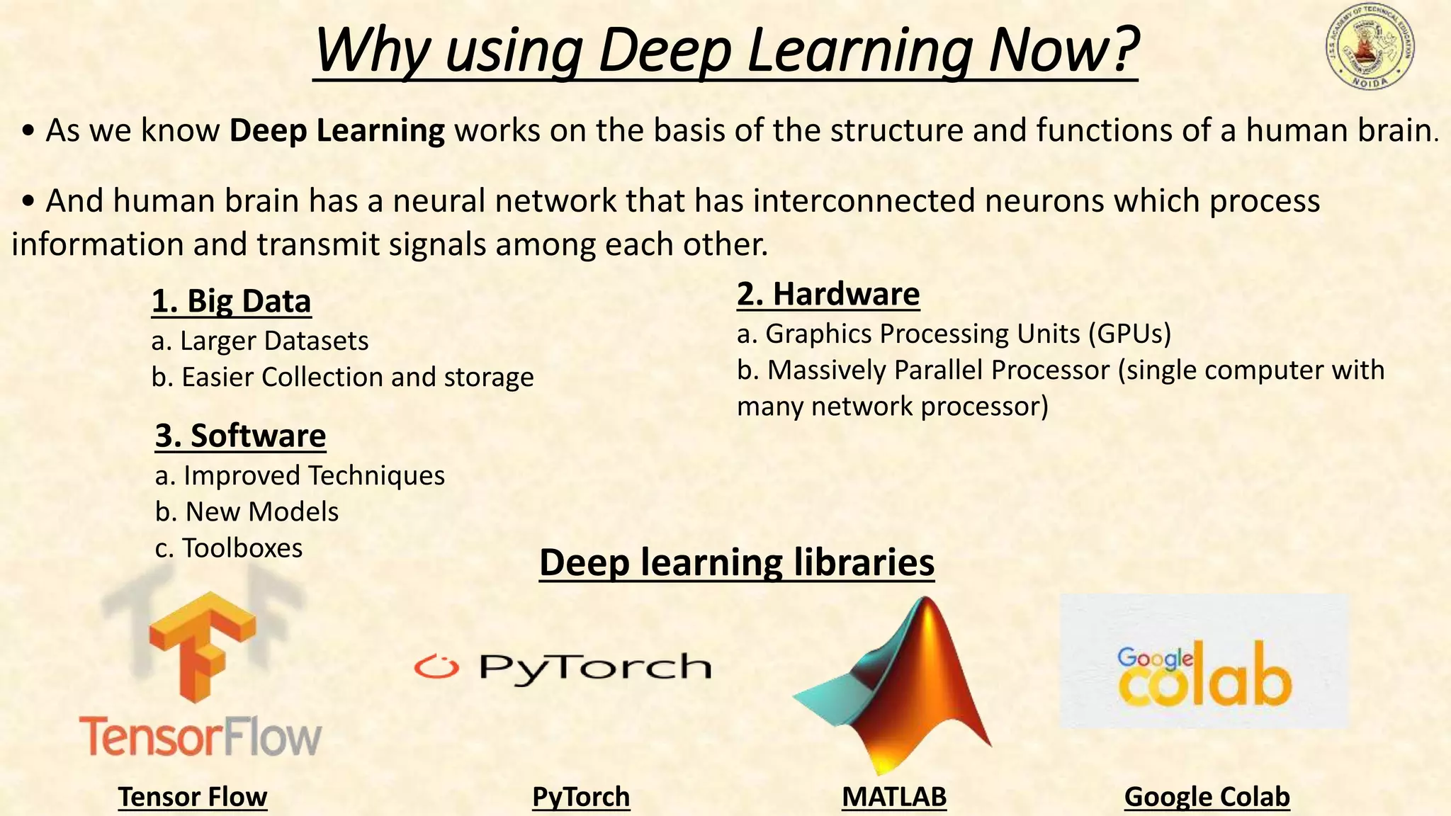 Why using Deep Learning Now?
• As we know Deep Learning works on the basis of the structure and functions of a human brain.
• And human brain has a neural network that has interconnected neurons which process
information and transmit signals among each other.
1. Big Data
a. Larger Datasets
b. Easier Collection and storage
2. Hardware
a. Graphics Processing Units (GPUs)
b. Massively Parallel Processor (single computer with
many network processor)
3. Software
a. Improved Techniques
b. New Models
c. Toolboxes
Deep learning libraries
Tensor Flow PyTorch MATLAB Google Colab
 