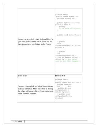 1736210008
package test;
public class MyNewClass
{ private String var1;
public MyNewClass(String
para1) { var1 =
para1;
// or this.var1= para1;
}
public void doSomeThing()
{
Create a new method called doSomeThing2 in
your class which returns an int value and has
three parameters, two Strings and a Person
} public
void
doSomeThing2(int a, Person
person) {
} public
int
doSomeThing3(String a,
String b, Person person) {
return 5; // Any value
will do for this example }
}
What to do How to do it
package test;
Create a class called MyOtherClass with two
instance variables. One will store a String,
the other will store a Dog. Create getter and
setter for these variables.
public class MyOtherClass {
String myvalue;
Dog dog;
public String
getMyvalue() {
return myvalue;
} public void
setMyvalue(String
myvalue)
 