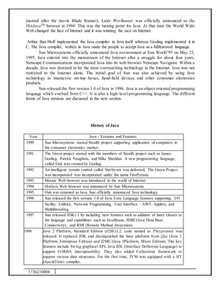 1736210008
(named after the movie Blade Runner). Later WevRunner was officially announced as the
HotJavaTM browser in 1994. This was the turning point for Java. At that time the World Wide
Web changed the face of Internet and it was winning the race on Internet.
Arthur Ban Hoff implemented the Java compiler in Java itself whereas Gosling implemented it in
C. The Java compiler, written in Java made the people to accept Java as a fullfeatured language.
Sun Microsystems officially announced Java environment at Sun World’95 on May 23,
1995. Java entered into the mainstream of the Internet after a struggle for about four years.
Netscape Communications incorporated Java into its web browser Netscape Navigator. Within a
decade, Java was destined to be the most overreaching technology in the Internet. Java was not
restricted to the Internet alone. The initial goal of Sun was also achieved by using Java
technology in interactive set-top boxes, hand-held devices and other consumer electronics
products.
Sun released the first version 1.0 of Java in 1996. Java is an object-oriented programming
language which evolved from C++. It is also a high-level programming language. The different
forms of Java versions are discussed in the next section.
History of Java
Year Java - Versions and Features
1990 Sun Microsystems started Stealth project supporting application of computers in
the consumer electronics market.
1991 The Green project started with the members of Stealth project such as James
Gosling, Patrick Naughton, and Mike Sheridan. A new programming language,
called Oak was created by Gosling.
1992 An intelligent remote control called StarSeven was delivered. The Green Project
was incorporated was incorporated under the name FirstPerson.
1993 Mosaic Web browser was introduced in the world of Internet.
1994 HotJava Web browser was announced by Sun Microsystems.
1995 Oak was renamed as Java. Sun officially announced Java technology.
1996 Sun released the first version 1.0 of Java. Core Language features supporting: I/O
facility, Utilities, Network Programming, User Interface – AWT, Applets, and
Multithreading.
1997 Sun released JDK1.1 by including new features such as addition of inner classes to
the language and capabilities such as JavaBeans, JDBC(Java Data Base
Connectivity), and RMI (Remote Method Invocation).
1998 Java 2 Platform, Standard Edition (J2SE)1.2, code named as Playground, was
released. It replaced JDK and distinguished the base platform from j2ee (Java 2
Platform, Enterprose Edition) and J2ME (Java 2Platform, Micro Edition). The key
features include Swing graphical API, Java IDL (Interface Definition Language) to
support CORBA interoperability. They also added Collections framework to
support various data structures. For the first time, JVM was equipped with a JIT
(Just-inTime) compiler.
 