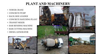 PLANT AND MACHINERY
• TOWER CRANE
• CONCRETE PUMP
• BACK HOE LOADER
• CONCRETE BATCHING PLANT
• TRANSIT MIXER
• BAR BENDING MACHINE
• BAR CUTTING MACHINE
• DIESEL GENERATOR
 