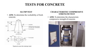 TESTS FOR CONCRETE
SLUMP TEST
• AIM: To determine the workability of fresh
concrete.
CHARACTERISTIC COMPRESSIVE
STRENGTH TEST
• AIM: To determine the characteristic
compressive strength of concrete.
 