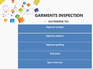 GARMENTS INSPECTION
• ACCORDING TO:-
Approve sample
Approve pattern
Approve grading
Tech pack
Spec sheet etc
 