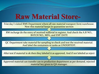 Approved material can transfer can to production department as per demand, rejected
material key given to QA manager.
After test if material is ok then they labeled it as approved. And if not labeled as reject
QC Department take material for sampling to check and test the received material.
And label the containers or tanks as UNDERTEST.
RM incharge do the entry of received material in register. And check the A.R NO.,
BATCH NO., MFG, and EXP. DATE
Frist day I visited RMS Department where all raw material transport form warehouse.
Now this material keeps in quarantine section
 