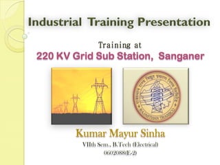 Training at
220 KV Grid Sub Station, Sanganer




       Kumar Mayur Sinha
         VIIth Sem., B.Tech (Electrical)
                 0602088(E-2)
 