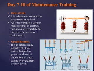 • ISOLATOR;
 It is a disconnection switch to
be operated on no load.
 An isolator switch is used to
make sure that an electrical
circuit can be completely de-
energized for service or
maintenance.
• Circuit Breaker;
 It is an automatically
operated electrical
switch designed to
protect an electrical
circuit from damage
caused by overcurrent
or short circuit.
Day 7-10 of Maintenance Training
 