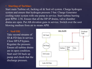 • Starting of Turbine;
Start main Turbine oil, Jacking oil & Seal oil system. Charge hydrogen
system and ensure that hydrogen pressure 3 bar. Charge Generator
cooling water system with one pump in service. Start turbine barring
gear RPM- 2.56. Ensure that all the HP-IP drains, valve chamber
drains are open. Put AB elevation guns in service. Switch over the soot
blowing medium from air to steam APH.
• Seal Oil;
Take second streams of
ID & FD fans in service.
Close HP/LP bypass.
Regulate the pressure.
Ensure all turbine drains
are in open condition.
Start seal Oil back up
pump and check that the
discharge pressure.
 