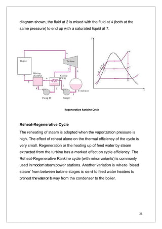 25
diagram shown, the fluid at 2 is mixed with the fluid at 4 (both at the
same pressure) to end up with a saturated liquid at 7.
Reheat-Regenerative Cycle
The reheating of steam is adopted when the vaporization pressure is
high. The effect of reheat alone on the thermal efficiency of the cycle is
very small. Regeneration or the heating up of feed water by steam
extracted from the turbine has a marked effect on cycle efficiency. The
Reheat-Regenerative Rankine cycle (with minor variants) is commonly
used in modern steam power stations. Another variation is where 'bleed
steam' from between turbine stages is sent to feed water heaters to
preheat thewateronits way from the condenser to the boiler.
Regenerative Rankine Cycle
 