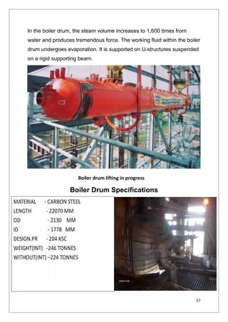 57
In the boiler drum, the steam volume increases to 1,600 times from
water and produces tremendous force. The working fluid within the boiler
drum undergoes evaporation. It is supported on U-structures suspended
on a rigid supporting beam.
Boiler Drum Specifications
Boiler drum lifting in progress
57
In the boiler drum, the steam volume increases to 1,600 times from
water and produces tremendous force. The working fluid within the boiler
drum undergoes evaporation. It is supported on U-structures suspended
on a rigid supporting beam.
Boiler Drum Specifications
Boiler drum lifting in progress
57
In the boiler drum, the steam volume increases to 1,600 times from
water and produces tremendous force. The working fluid within the boiler
drum undergoes evaporation. It is supported on U-structures suspended
on a rigid supporting beam.
Boiler Drum Specifications
Boiler drum lifting in progress
 
