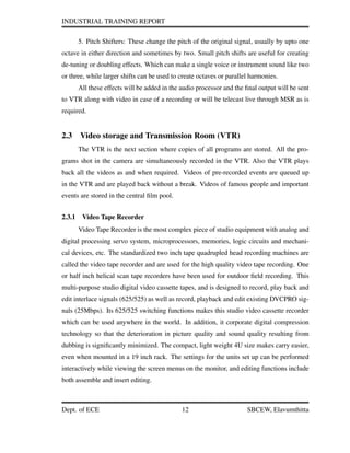 INDUSTRIAL TRAINING REPORT
5. Pitch Shifters: These change the pitch of the original signal, usually by upto one
octave in either direction and sometimes by two. Small pitch shifts are useful for creating
de-tuning or doubling effects. Which can make a single voice or instrument sound like two
or three, while larger shifts can be used to create octaves or parallel harmonies.
All these effects will be added in the audio processor and the ﬁnal output will be sent
to VTR along with video in case of a recording or will be telecast live through MSR as is
required.
2.3 Video storage and Transmission Room (VTR)
The VTR is the next section where copies of all programs are stored. All the pro-
grams shot in the camera are simultaneously recorded in the VTR. Also the VTR plays
back all the videos as and when required. Videos of pre-recorded events are queued up
in the VTR and are played back without a break. Videos of famous people and important
events are stored in the central ﬁlm pool.
2.3.1 Video Tape Recorder
Video Tape Recorder is the most complex piece of studio equipment with analog and
digital processing servo system, microprocessors, memories, logic circuits and mechani-
cal devices, etc. The standardized two inch tape quadrupled head recording machines are
called the video tape recorder and are used for the high quality video tape recording. One
or half inch helical scan tape recorders have been used for outdoor ﬁeld recording. This
multi-purpose studio digital video cassette tapes, and is designed to record, play back and
edit interlace signals (625/525) as well as record, playback and edit existing DVCPRO sig-
nals (25Mbps). Its 625/525 switching functions makes this studio video cassette recorder
which can be used anywhere in the world. In addition, it corporate digital compression
technology so that the deterioration in picture quality and sound quality resulting from
dubbing is signiﬁcantly minimized. The compact, light weight 4U size makes carry easier,
even when mounted in a 19 inch rack. The settings for the units set up can be performed
interactively while viewing the screen menus on the monitor, and editing functions include
both assemble and insert editing.
Dept. of ECE 12 SBCEW, Elavumthitta
 