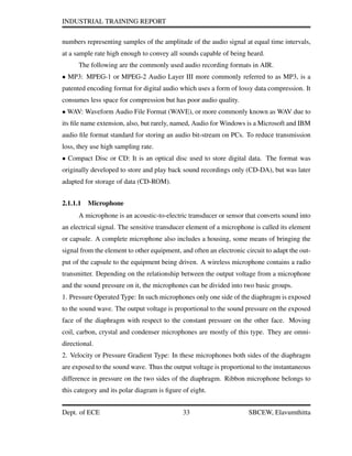 INDUSTRIAL TRAINING REPORT
numbers representing samples of the amplitude of the audio signal at equal time intervals,
at a sample rate high enough to convey all sounds capable of being heard.
The following are the commonly used audio recording formats in AIR.
• MP3: MPEG-1 or MPEG-2 Audio Layer III more commonly referred to as MP3, is a
patented encoding format for digital audio which uses a form of lossy data compression. It
consumes less space for compression but has poor audio quality.
• WAV: Waveform Audio File Format (WAVE), or more commonly known as WAV due to
its ﬁle name extension, also, but rarely, named, Audio for Windows is a Microsoft and IBM
audio ﬁle format standard for storing an audio bit-stream on PCs. To reduce transmission
loss, they use high sampling rate.
• Compact Disc or CD: It is an optical disc used to store digital data. The format was
originally developed to store and play back sound recordings only (CD-DA), but was later
adapted for storage of data (CD-ROM).
2.1.1.1 Microphone
A microphone is an acoustic-to-electric transducer or sensor that converts sound into
an electrical signal. The sensitive transducer element of a microphone is called its element
or capsule. A complete microphone also includes a housing, some means of bringing the
signal from the element to other equipment, and often an electronic circuit to adapt the out-
put of the capsule to the equipment being driven. A wireless microphone contains a radio
transmitter. Depending on the relationship between the output voltage from a microphone
and the sound pressure on it, the microphones can be divided into two basic groups.
1. Pressure Operated Type: In such microphones only one side of the diaphragm is exposed
to the sound wave. The output voltage is proportional to the sound pressure on the exposed
face of the diaphragm with respect to the constant pressure on the other face. Moving
coil, carbon, crystal and condenser microphones are mostly of this type. They are omni-
directional.
2. Velocity or Pressure Gradient Type: In these microphones both sides of the diaphragm
are exposed to the sound wave. Thus the output voltage is proportional to the instantaneous
difference in pressure on the two sides of the diaphragm. Ribbon microphone belongs to
this category and its polar diagram is ﬁgure of eight.
Dept. of ECE 33 SBCEW, Elavumthitta
 