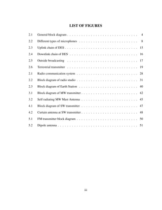 LIST OF FIGURES
2.1 General block diagram . . . . . . . . . . . . . . . . . . . . . . . . . . . . . . 4
2.2 Different types of microphones . . . . . . . . . . . . . . . . . . . . . . . . . 8
2.3 Uplink chain of DES . . . . . . . . . . . . . . . . . . . . . . . . . . . . . . . 15
2.4 Downlink chain of DES . . . . . . . . . . . . . . . . . . . . . . . . . . . . . 16
2.5 Outside broadcasting . . . . . . . . . . . . . . . . . . . . . . . . . . . . . . 17
2.6 Terrestrial transmitter . . . . . . . . . . . . . . . . . . . . . . . . . . . . . . 19
2.1 Radio communication system . . . . . . . . . . . . . . . . . . . . . . . . . . 28
2.2 Block diagram of radio studio . . . . . . . . . . . . . . . . . . . . . . . . . . 31
2.3 Block diagram of Earth Station . . . . . . . . . . . . . . . . . . . . . . . . . 40
3.1 Block diagram of MW transmitter . . . . . . . . . . . . . . . . . . . . . . . . 42
3.2 Self radiating MW Mast Antenna . . . . . . . . . . . . . . . . . . . . . . . . 45
4.1 Block diagram of SW transmitter . . . . . . . . . . . . . . . . . . . . . . . . 47
4.2 Curtain antenna at SW transmitter . . . . . . . . . . . . . . . . . . . . . . . . 48
5.1 FM transmitter block diagram . . . . . . . . . . . . . . . . . . . . . . . . . . 50
5.2 Dipole antenna . . . . . . . . . . . . . . . . . . . . . . . . . . . . . . . . . . 51
iii
 