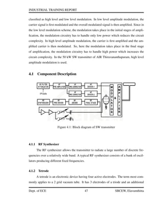 INDUSTRIAL TRAINING REPORT
classiﬁed as high level and low level modulation. In low level amplitude modulation, the
carrier signal is ﬁrst modulated and the overall modulated signal is then ampliﬁed. Since in
the low level modulation scheme, the modulation takes place in the initial stages of ampli-
ﬁcation, the modulation circuitry has to handle only low power which reduces the circuit
complexity. In high level amplitude modulation, the carrier is ﬁrst ampliﬁed and the am-
pliﬁed carrier is then modulated. So, here the modulation takes place in the ﬁnal stage
of ampliﬁcation, the modulation circuitry has to handle high power which increases the
circuit complexity. In the 50 kW SW transmitter of AIR Thiruvananthapuram, high level
amplitude modulation is used.
4.1 Component Description
Figure 4.1: Block diagram of SW transmitter
4.1.1 RF Synthesizer
The RF synthesizer allows the transmitter to radiate a large number of discrete fre-
quencies over a relatively wide band. A typical RF synthesizer consists of a bank of oscil-
lators producing different ﬁxed frequencies.
4.1.2 Tetrode
A tetrode is an electronic device having four active electrodes. The term most com-
monly applies to a 2 grid vacuum tube. It has 3 electrodes of a triode and an additional
Dept. of ECE 47 SBCEW, Elavumthitta
 