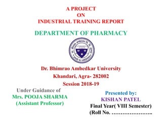 A PROJECT
ON
INDUSTRIAL TRAINING REPORT
DEPARTMENT OF PHARMACY
Dr. Bhimrao Ambedkar University
Khandari, Agra- 282002
Session 2018-19
Under Guidance of
Mrs. POOJA SHARMA
(Assistant Professor)
Presented by:
KISHAN PATEL
Final Year( VIII Semester)
(Roll No. …………………..
 