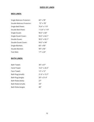 72
SIZES OF LINEN
BED LINEN:
Single Mattress Protector: 42″ x 78″
Double Mattress Protector: 72″ x 78″
Single Bed Sheet: 76.4″ x 119″
Double Bed Sheet: 113.4″ x 119″
Single Duvet: 90.5″ x 60″
Single Duvet Cover: 94.5″ x 64.1″
Double Duvet: 90.5″ x 92.1″
Double Duvet Cover: 94.5″ x 94″
Single Blanket: 60″ x 90″
Double Blanket: 90″ x 96″
Foot Mat: 17″ x 24″
BATH LINEN:
Bath Towel: 30″ x 67″
Hand Towel: 16.5″ x 26.5″
Face Towel: 12″ x 12″
Bath Rug (small): 21.6″ x 15.7″
Bath Rug (large): 20″ x 31.4″
Bath Robe (kids): 27″
Bath Robe (small): 33″
Bath Robe (large): 40″
 