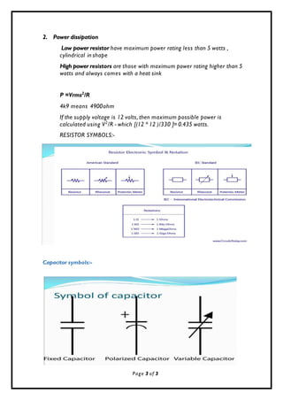 2. Power dissipation
Low power resistor have maximum power rating less than 5 watts ,
cylindrical in shape
High power resistors are those with maximum power rating higher than 5
watts and always comes with a heat sink
P =Vrms2
/R
4k9 means 4900ohm
If the supply voltage is 12 volts, then maximum possible power is
calculated using V2
/R - which [(12 * 12 )/330 ]= 0.435 watts.
RESISTOR SYMBOLS:-
Capacitor symbols:-
Page 3 of 3
 