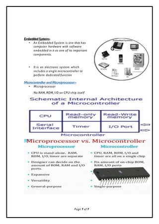 EmbeddedSystem:-
• An Embedded System is one that has
computer hardware with software
embedded in it as one of its important
components.
• It is an electronic system which
includes a single microcontroller to
perform dedicated function
Microcontroller and Microprocessor:-
• Microprocessor
No RAM, ROM, I/O on CPU chip itself
Page 7 of 7
 