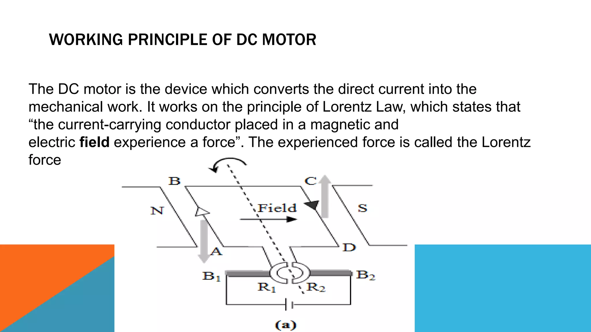 WORKING PRINCIPLE OF DC MOTOR
The DC motor is the device which converts the direct current into the
mechanical work. It works on the principle of Lorentz Law, which states that
“the current-carrying conductor placed in a magnetic and
electric field experience a force”. The experienced force is called the Lorentz
force
 
