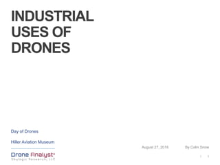 1|
INDUSTRIAL
USES OF
DRONES
Day of Drones
Hiller Aviation Museum
August 27, 2016 By Colin Snow
 