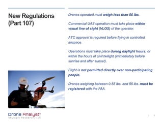 5|
New Regulations
(Part 107)
Drones operated must weigh less than 55 lbs.
Commercial UAS operation must take place within
visual line of sight (VLOS) of the operator.
ATC approval is required before flying in controlled
airspace.
Operations must take place during daylight hours, or
within the hours of civil twilight (immediately before
sunrise and after sunset).
Flight is not permitted directly over non-participating
people.
Drones weighing between 0.55 lbs. and 55 lbs. must be
registered with the FAA.
 